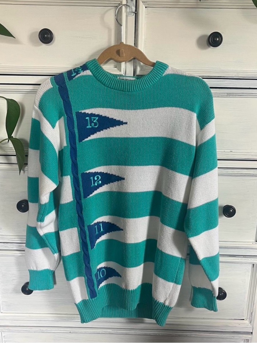 Izod Teal and White Striped Crewneck Sweater with Nautical Pennants embroidered